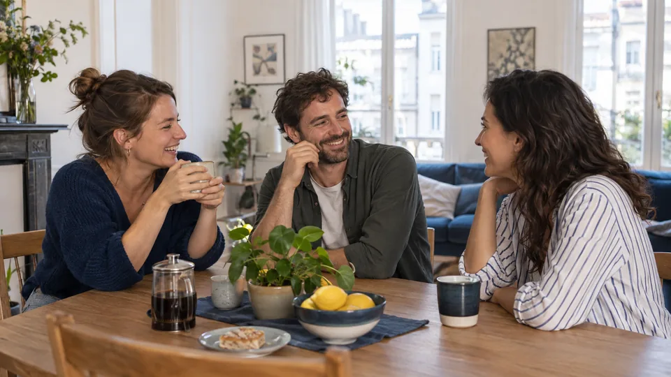 Drie mensen lachen samen aan de eettafel in een lichte woning.